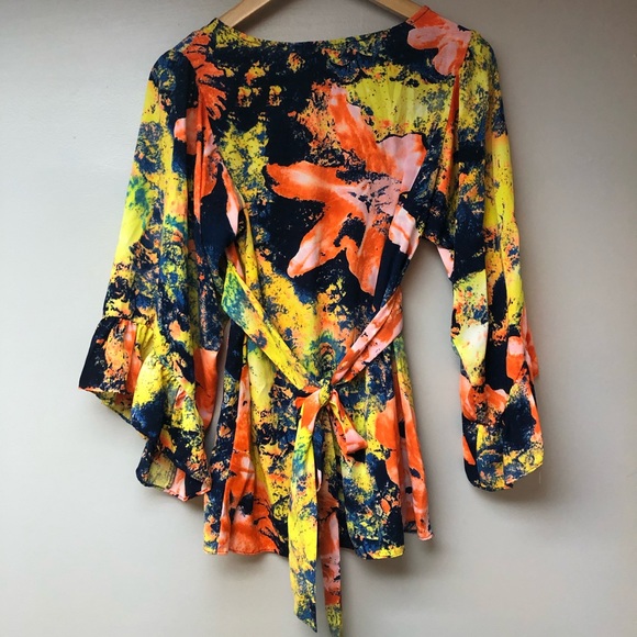 Betsey Johnson flowy bright neon shirt floral design Sz S tie back waist - Picture 4 of 7